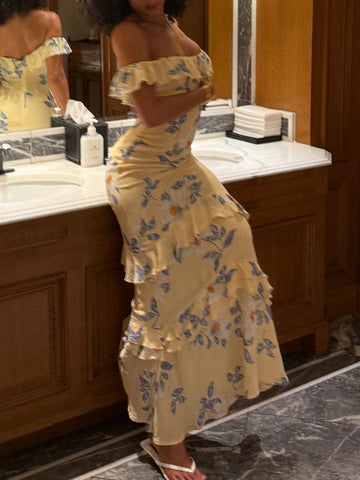 Yellow Mermaid Off the Shoulder Print Floral Chiffon Vacation Dress Outfits HZ1023